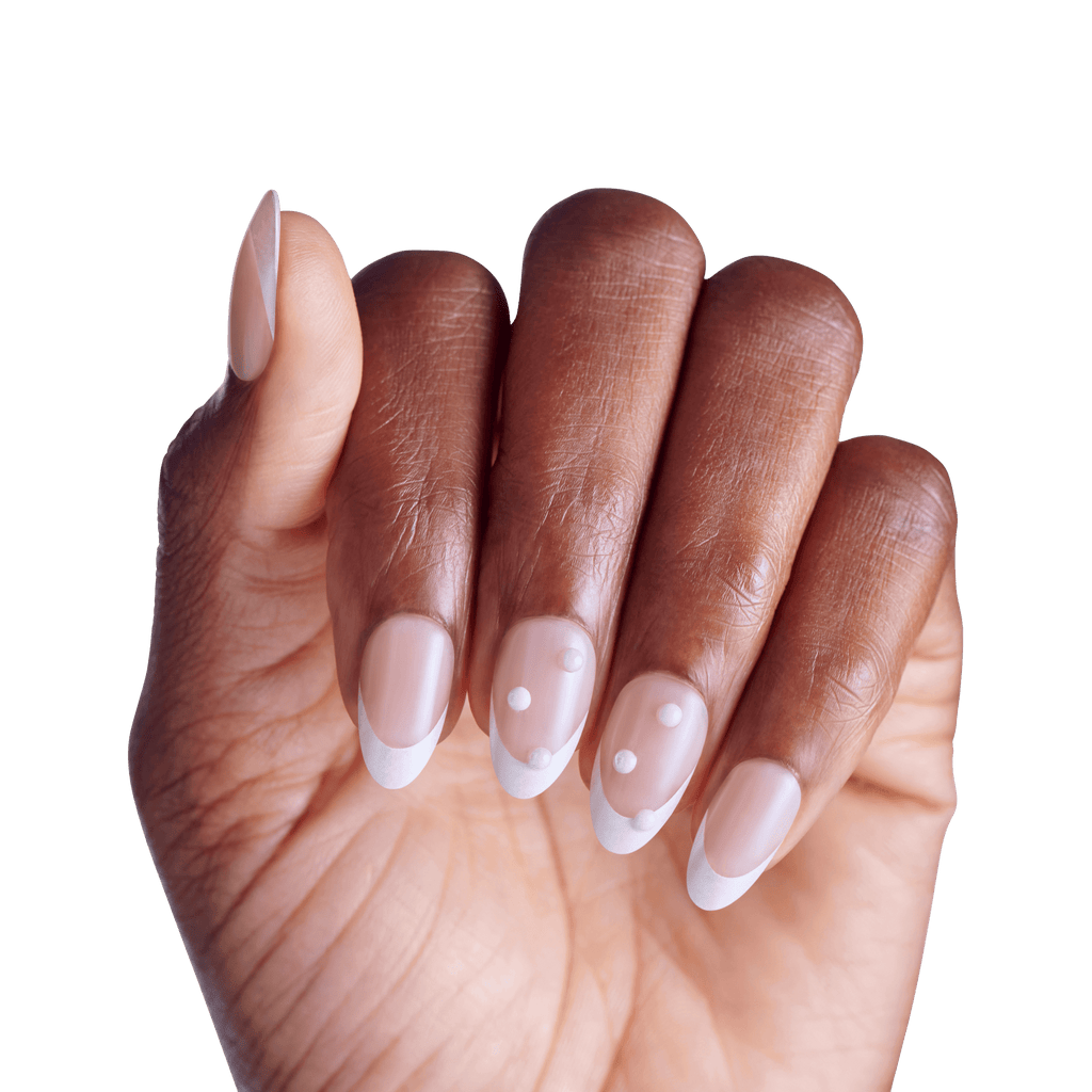 Impress Design No Glue Fake Press On Nails - Chills | 3D & Jewel French, White, Medium, Almond, Manicure