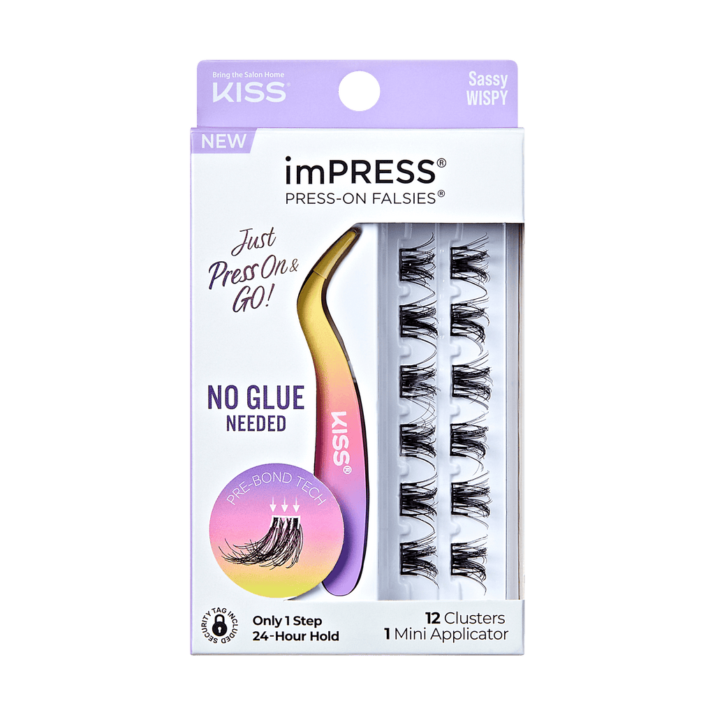 Impress Falsies Pre-Glued False Eyelashes Minipack - Sassy | 12 Lash Clusters, With Mini Applicator, 12mm-14mm