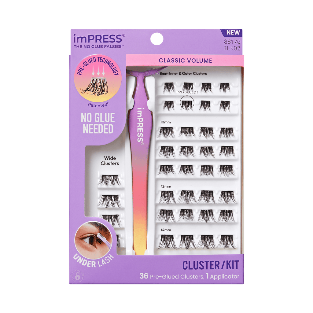 Impress Falsies Pre-Glued False Eyelashes Starter Kit - Classic Volume | 36 Lash Clusters, With Applicator, 12mm-14mm