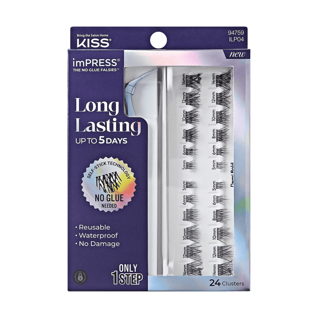 Impress Falsies Long Lasting Pre-Glued False Eyelashes Starter Kit - Demi Bold | 24 Lash Clusters, With Applicator, Up To 5 Day Wear, 5mm-14mm