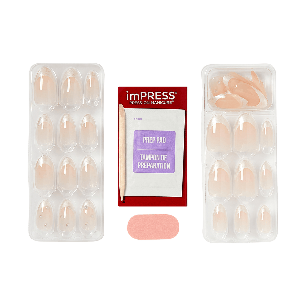 Impress Design No Glue Fake Press On Nails - Chills | 3D & Jewel French, White, Medium, Almond, Manicure