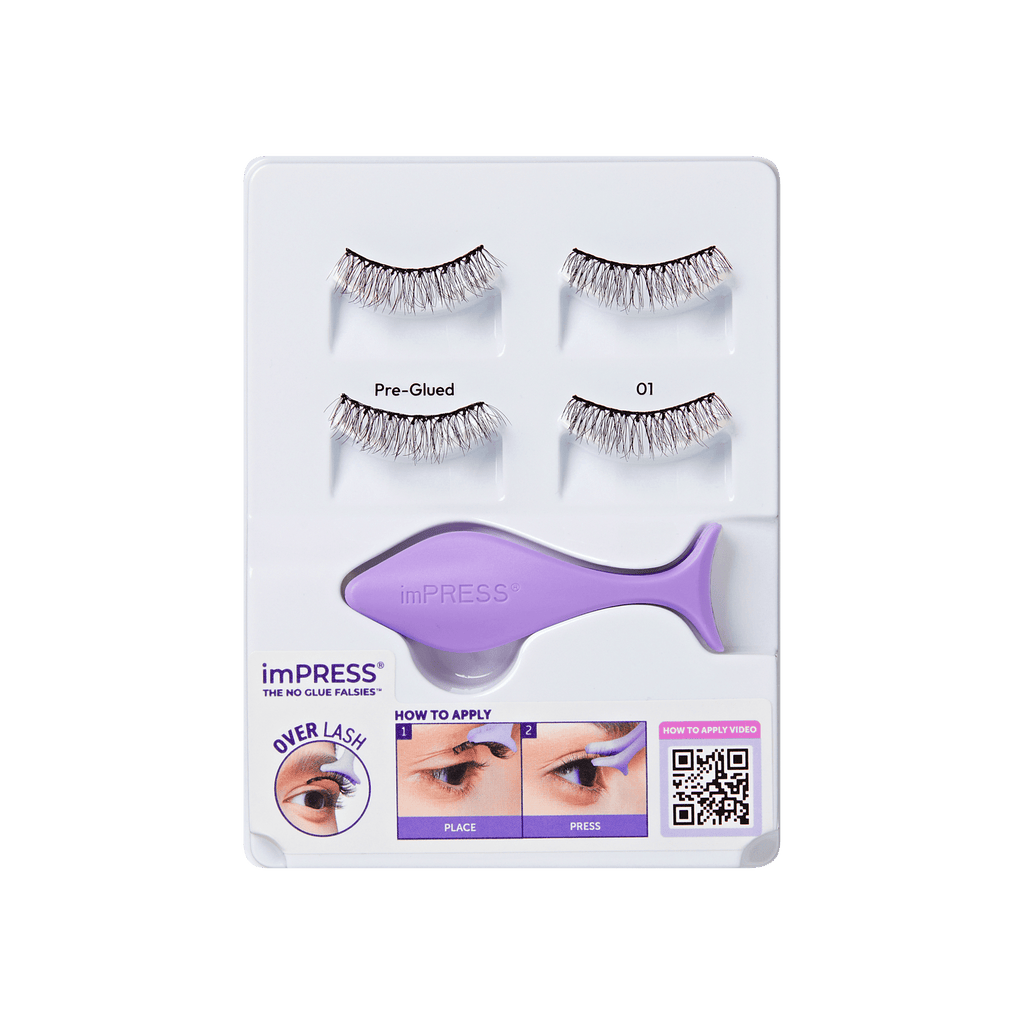 Impress Falsies Pre-Glued Strip False Eyelashes Starter Kit - Classic Natural | 2 Pairs, With Applicator, 12mm