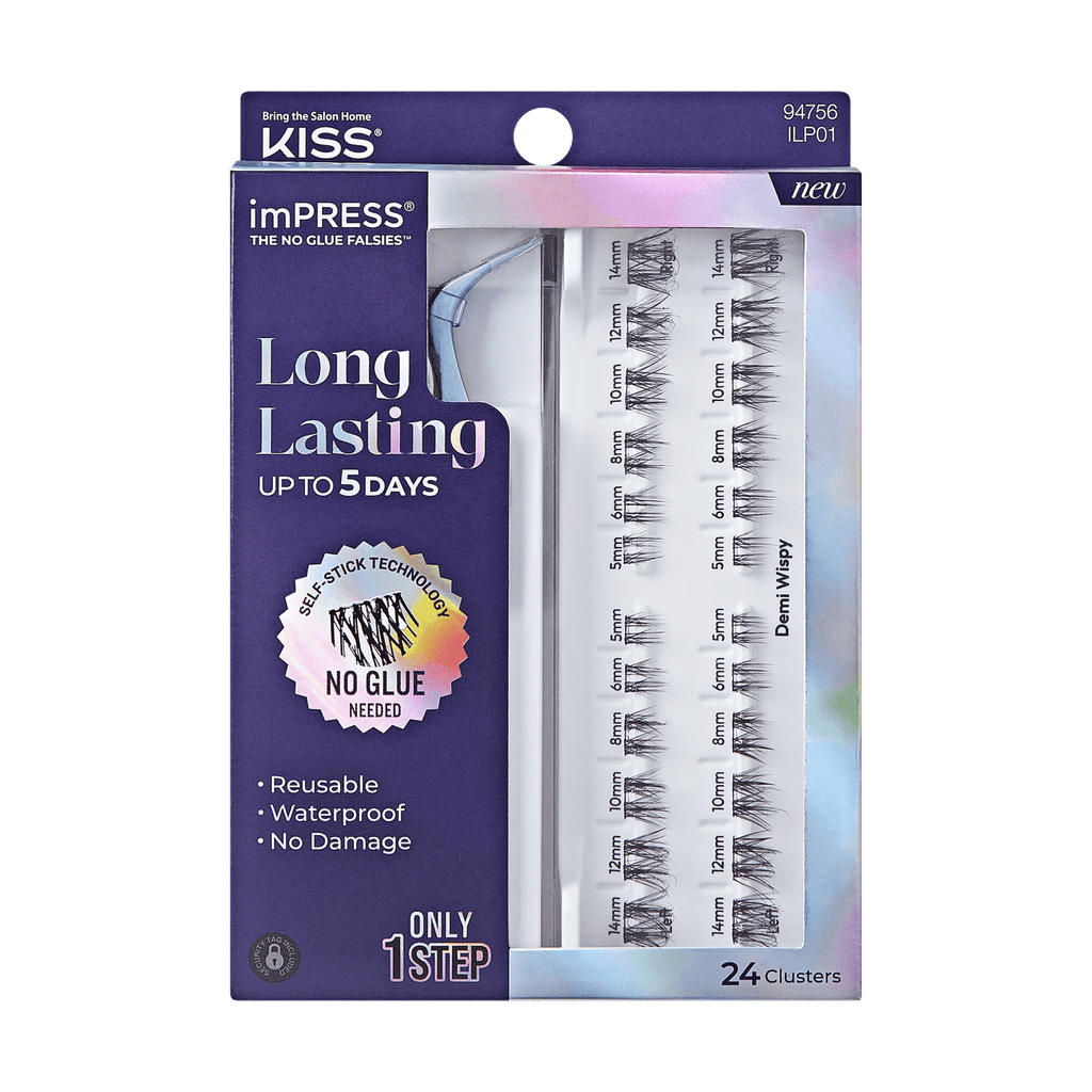 Impress Falsies Long Lasting Pre-Glued False Eyelashes Starter Kit - Demi Wispy | 24 Lash Clusters, With Applicator, Up To 5 Day Wear, 5mm-14mm