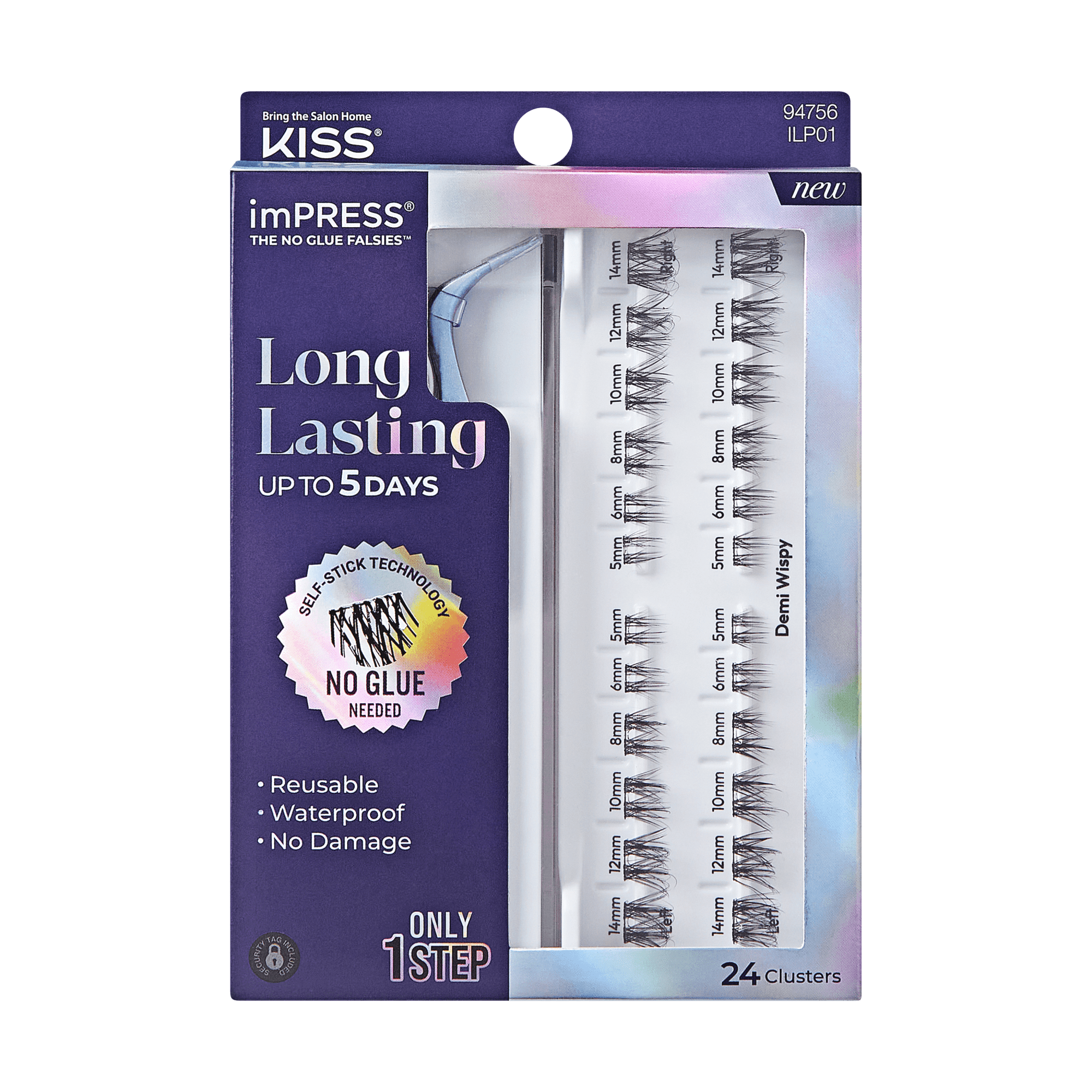 Impress Falsies Long Lasting Pre-Glued False Eyelashes Starter Kit - Demi Wispy | 24 Lash Clusters, With Applicator, Up To 5 Day Wear, 5mm-14mm