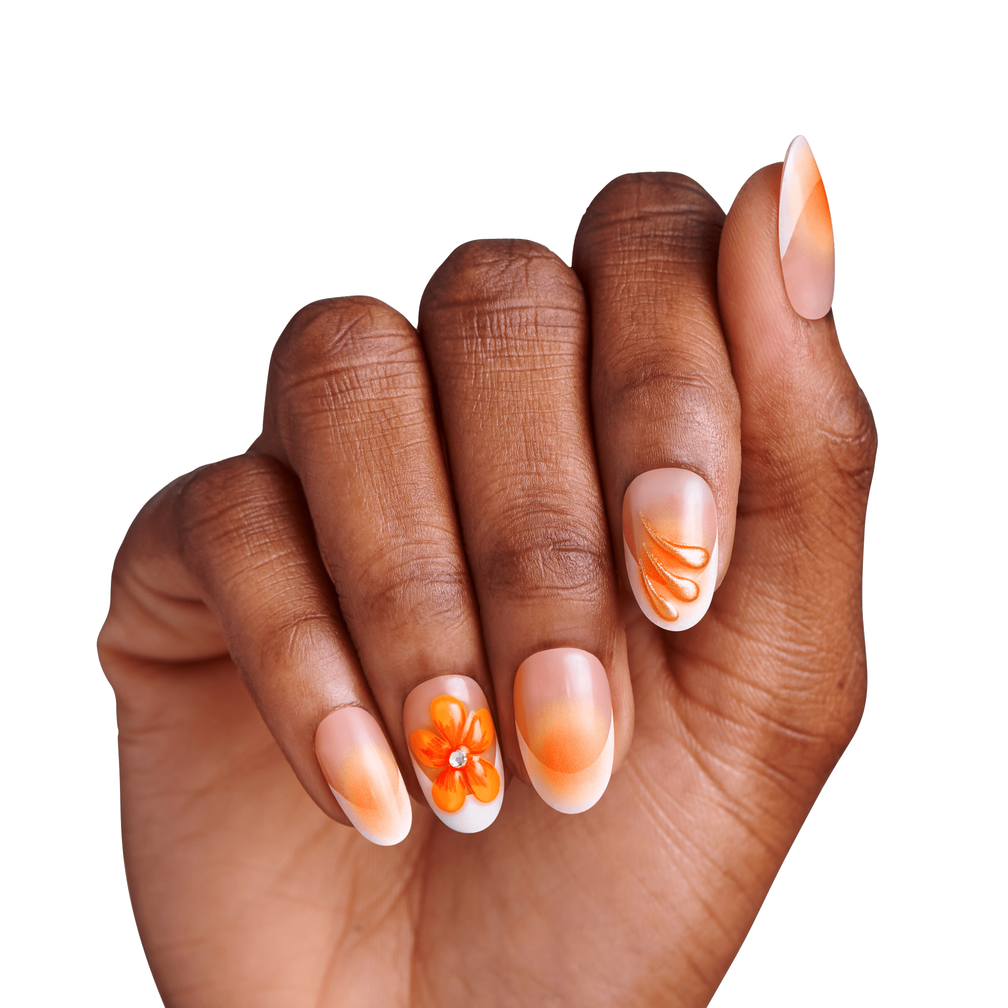 Impress Design No Glue Fake Press On Nails - Sea Bloom | 3D & Jewel Design, Orange, Medium, Oval, Manicure