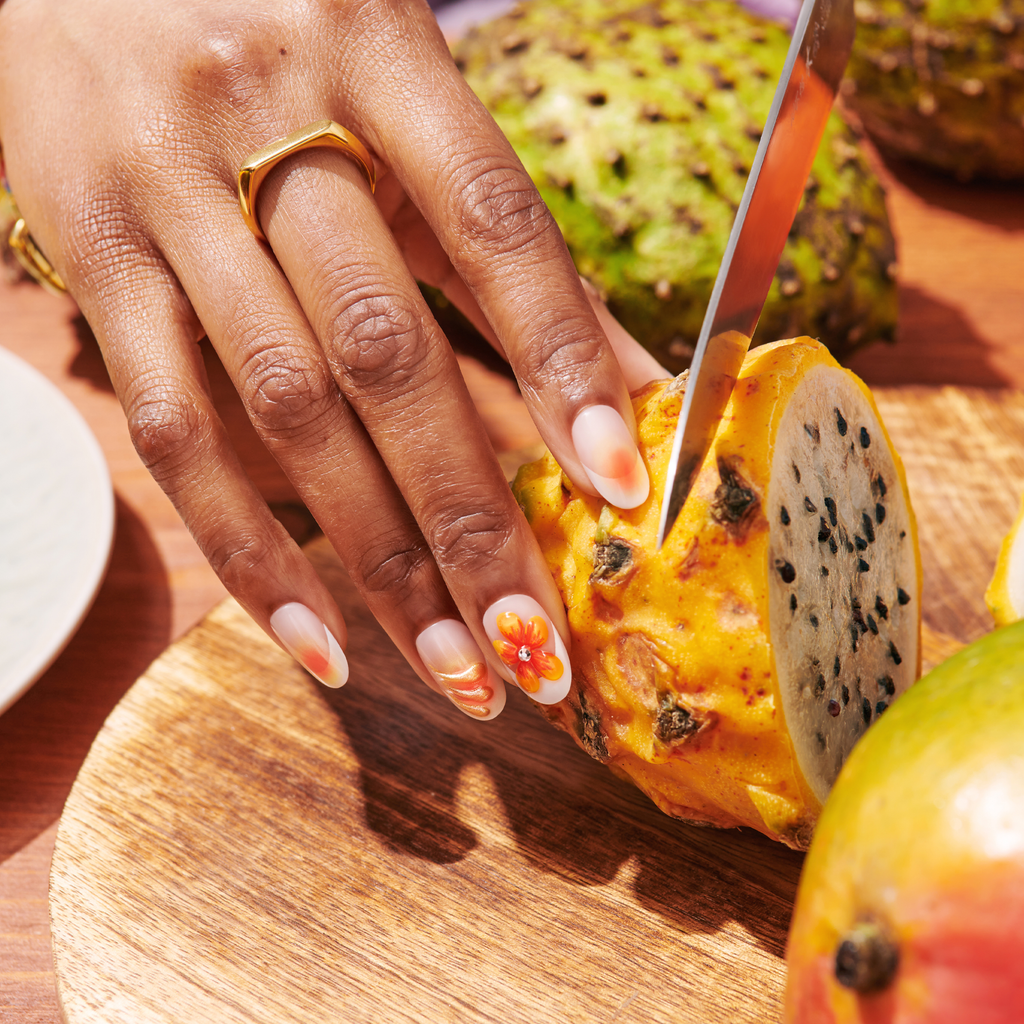 Impress Design No Glue Fake Press On Nails - Sea Bloom | 3D & Jewel Design, Orange, Medium, Oval, Manicure