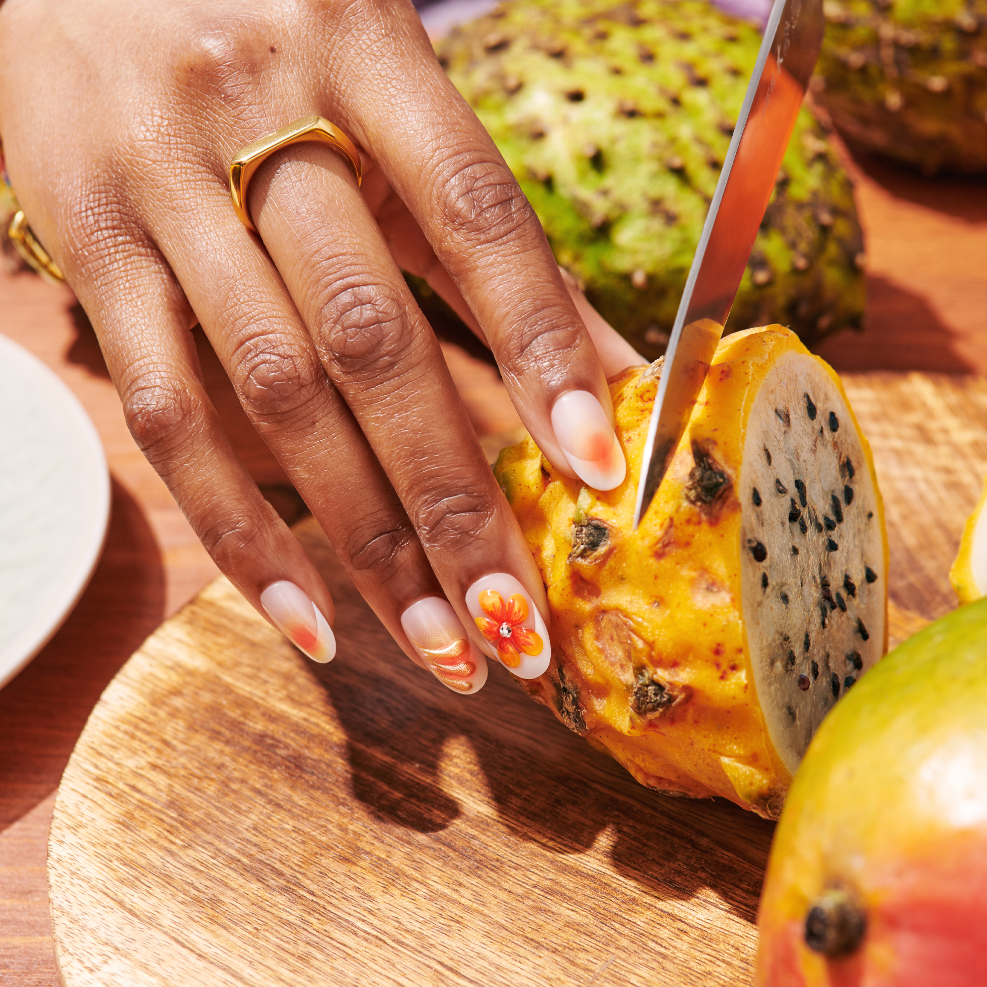 Impress Design No Glue Fake Press On Nails - Sea Bloom | 3D & Jewel Design, Orange, Medium, Oval, Manicure