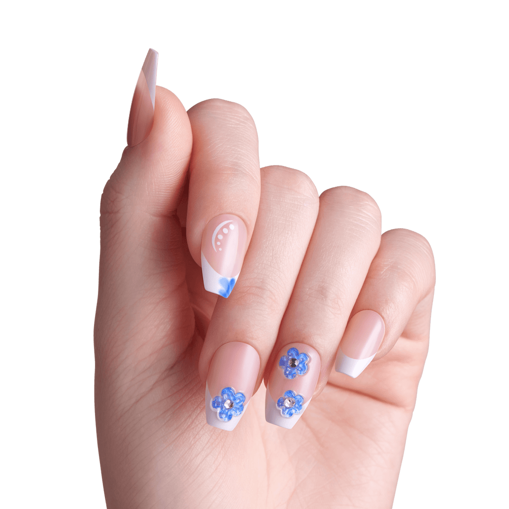 Impress Design No Glue Fake Press On Nails - Pure Ray | 3D & Jewel French Design, Blue & White, Medium, Coffin, Manicure