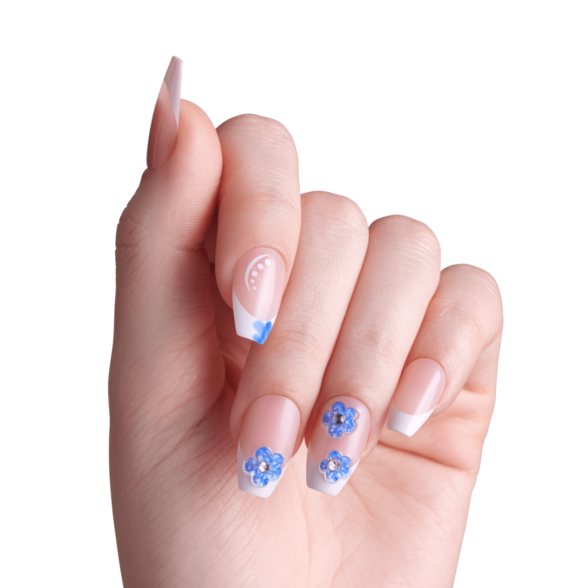 Impress Design No Glue Fake Press On Nails - Pure Ray | 3D & Jewel French Design, Blue & White, Medium, Coffin, Manicure