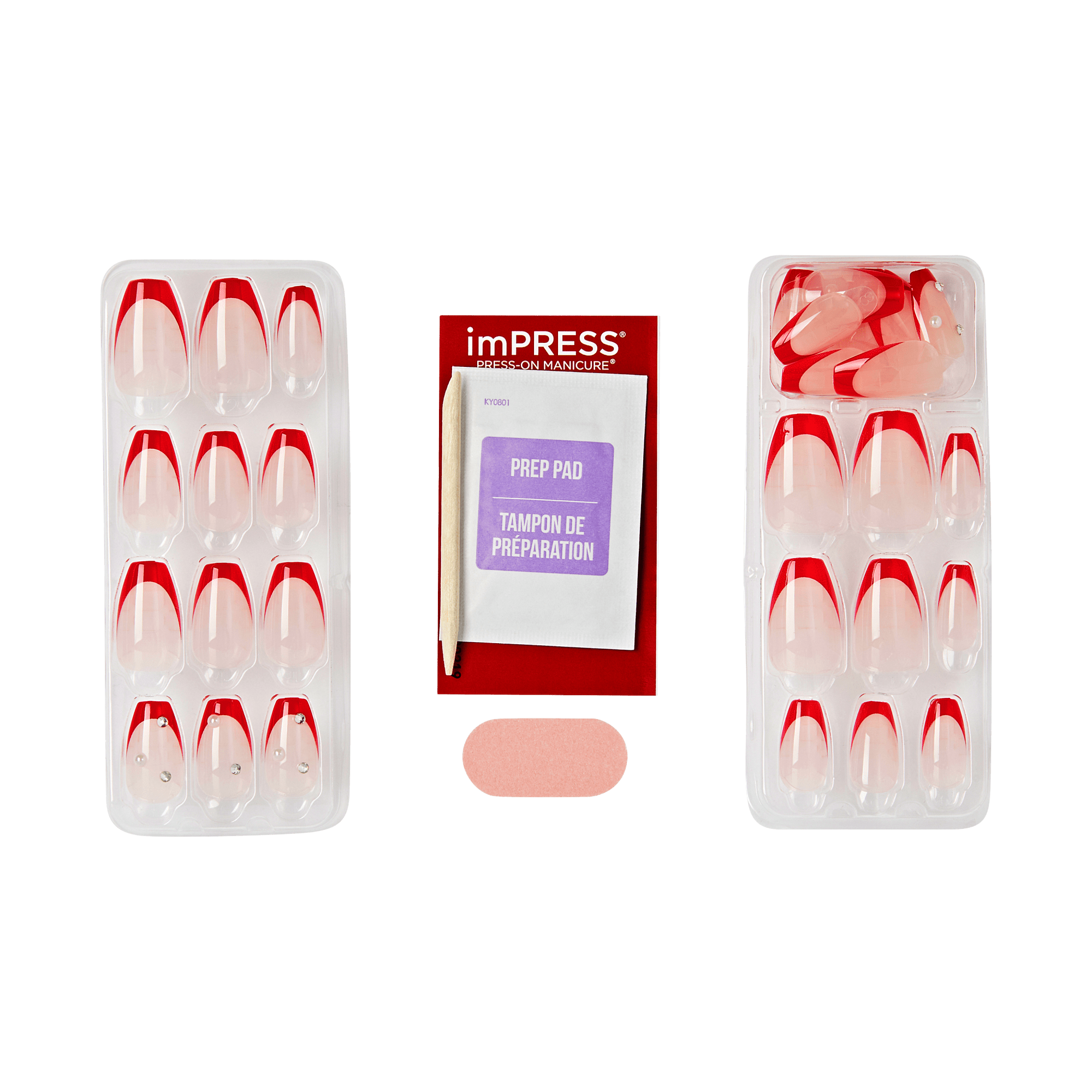Impress Design No Glue Fake Press On Nails - Happy World | 3D & Jewel French, Red, Medium, Coffin, Manicure