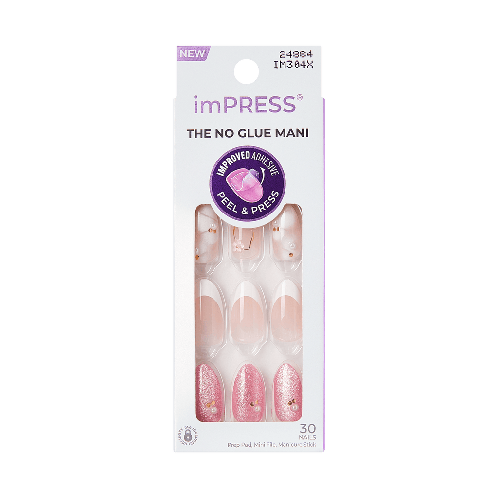Impress Design No Glue Fake Press On Nails - Bloom Luxe | 3D & Jewel Design, Pink, Medium, Almond, Manicure