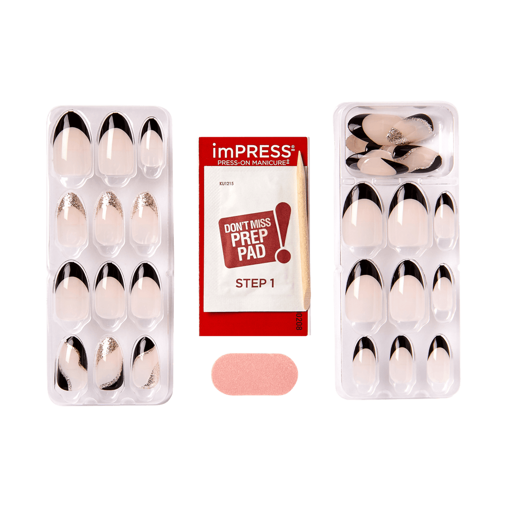 Impress French No Glue Fake Press On Nails - Illusion | French Design, Black, Medium, Almond, Manicure