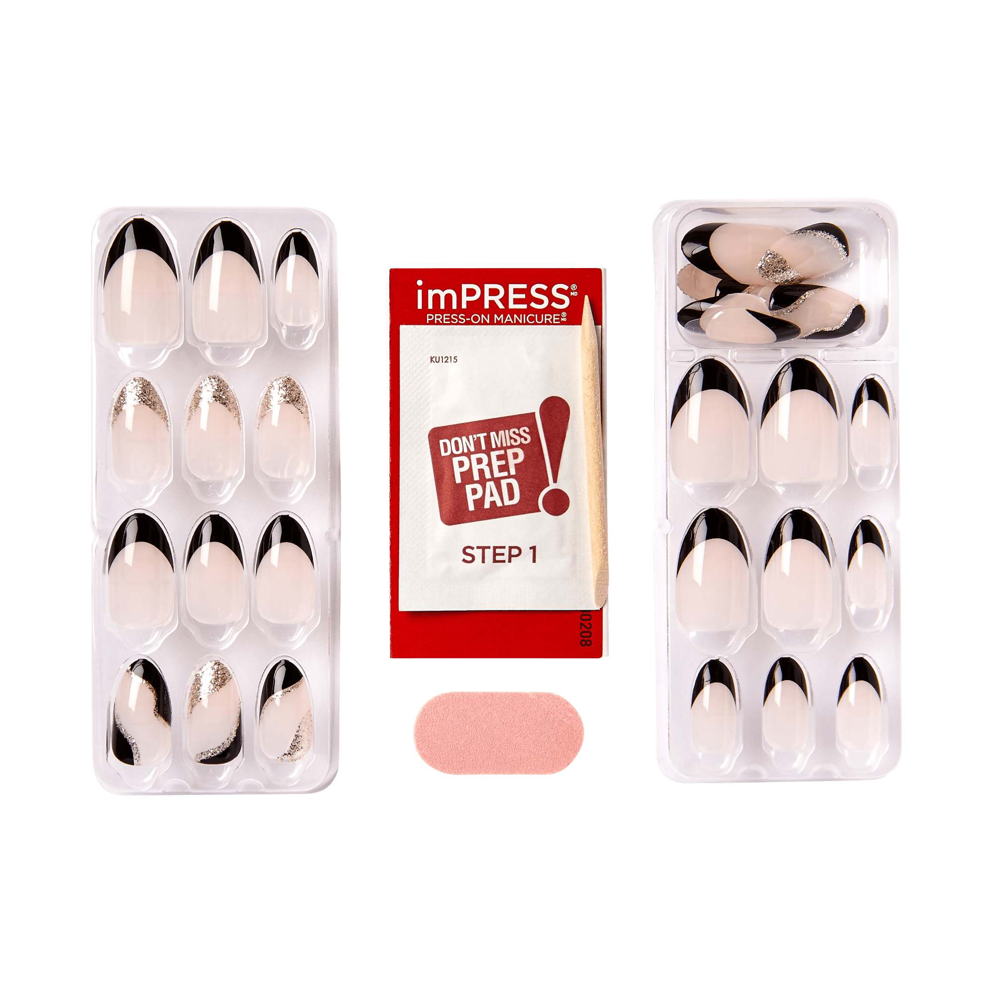 Impress French No Glue Fake Press On Nails - Illusion | French Design, Black, Medium, Almond, Manicure