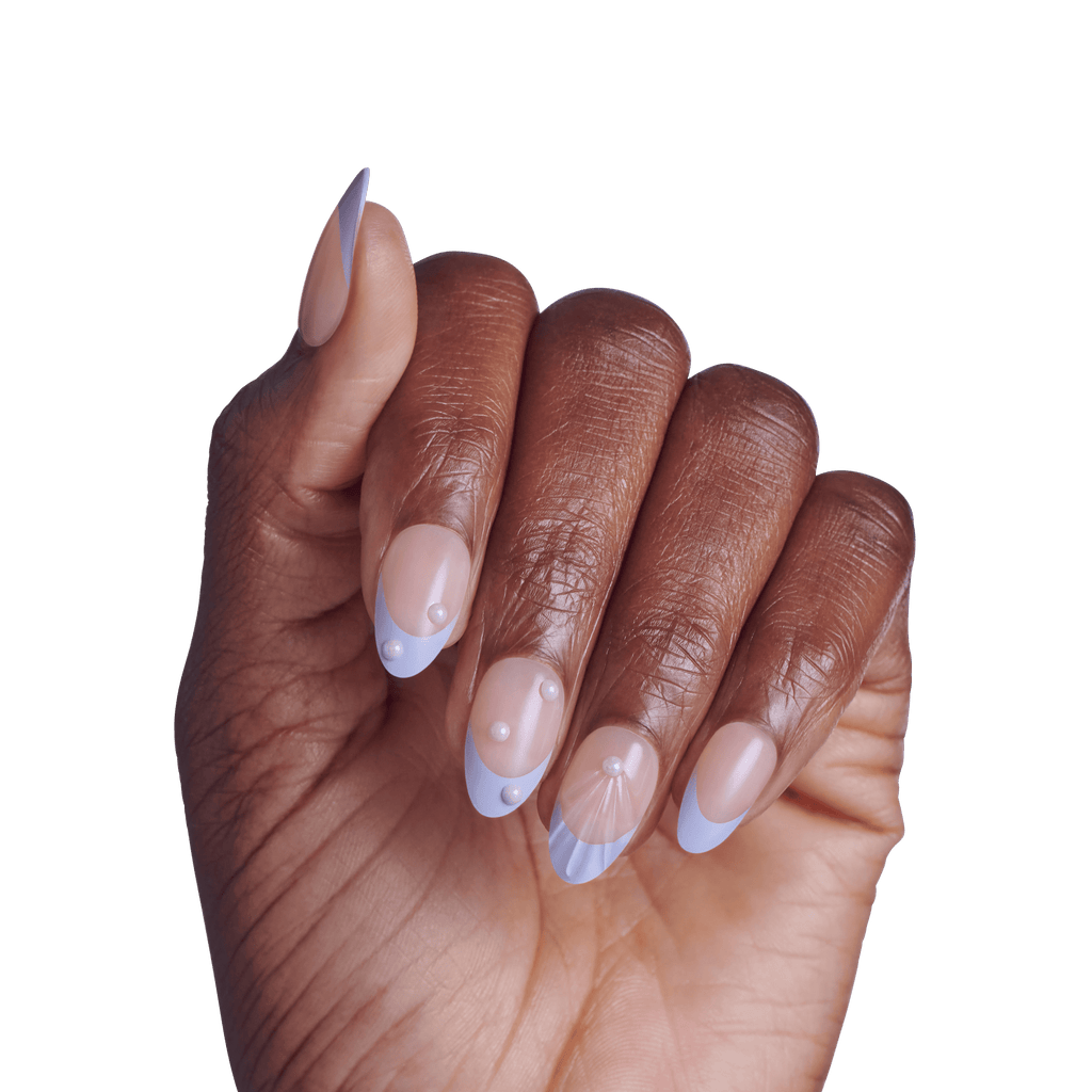 Impress Design No Glue Fake Press On Nails - Sky Breeze | 3D & Jewel French, Purple, Medium, Almond, Manicure