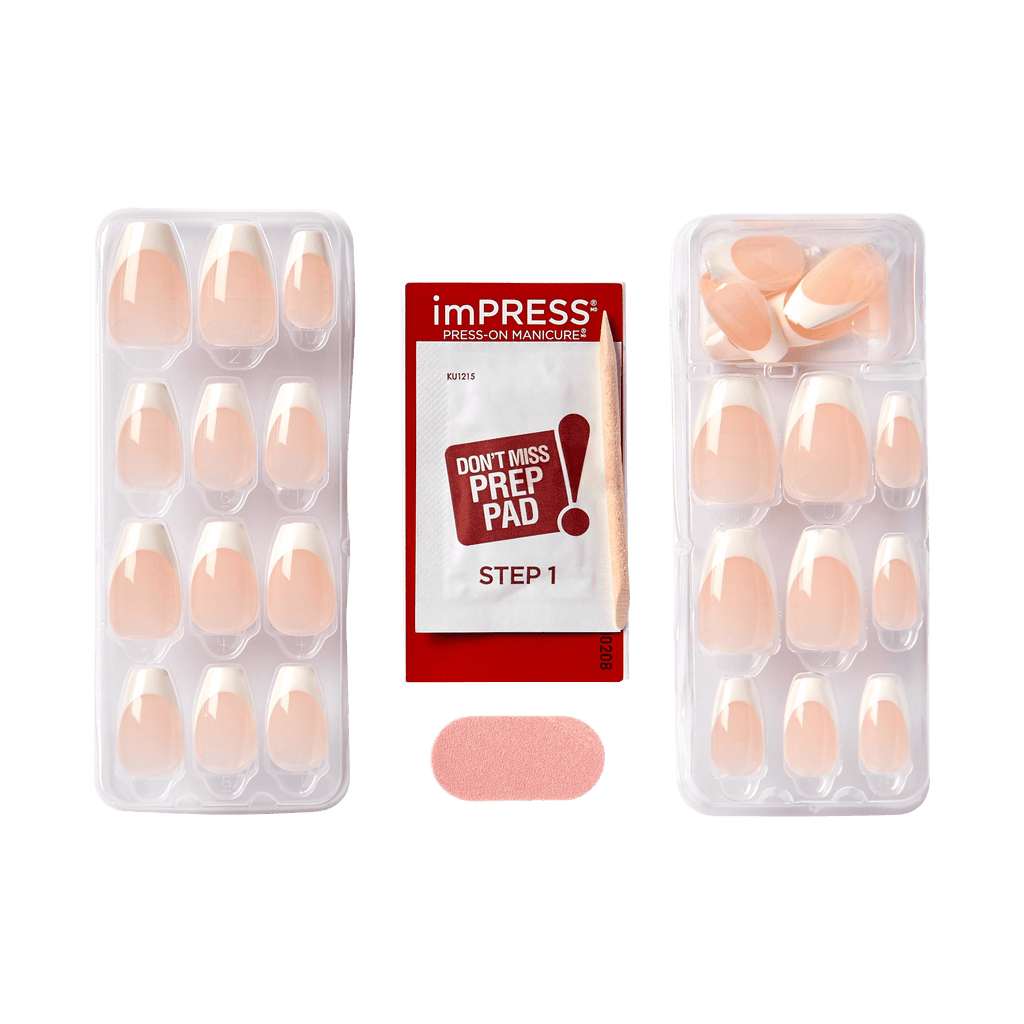 Impress French No Glue Fake Press On Nails - Ideal | French Tips, White & Neutral, Medium, Coffin, Manicure