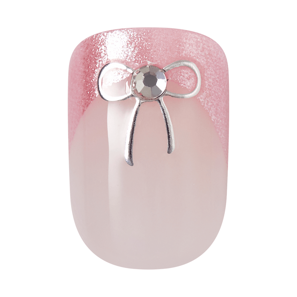 Impress Design No Glue Fake Press On Nails - Soft Petals | 3D & Jewel French Design, Pink, Short, Squoval, Manicure