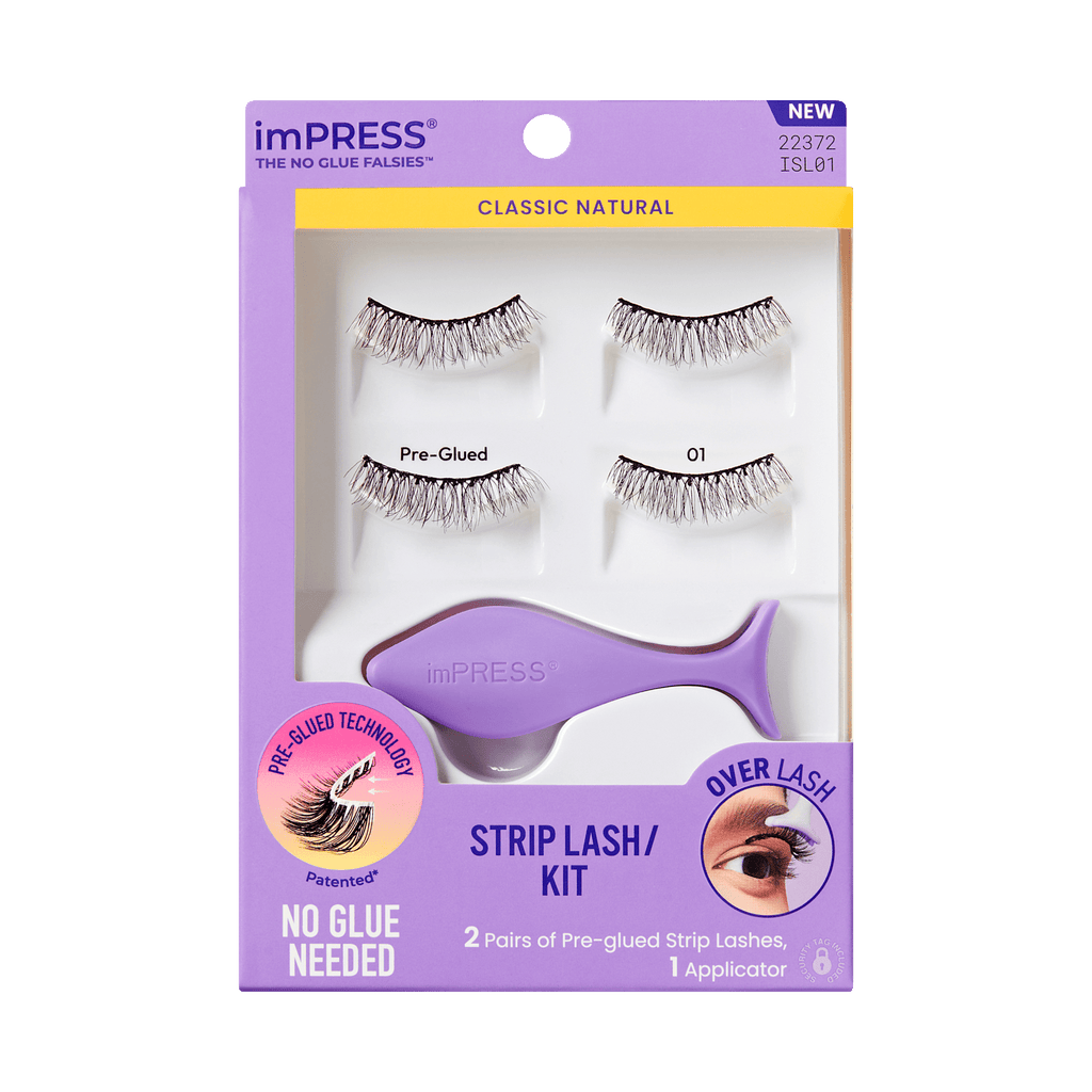 Impress Falsies Pre-Glued Strip False Eyelashes Starter Kit - Classic Natural | 2 Pairs, With Applicator, 12mm