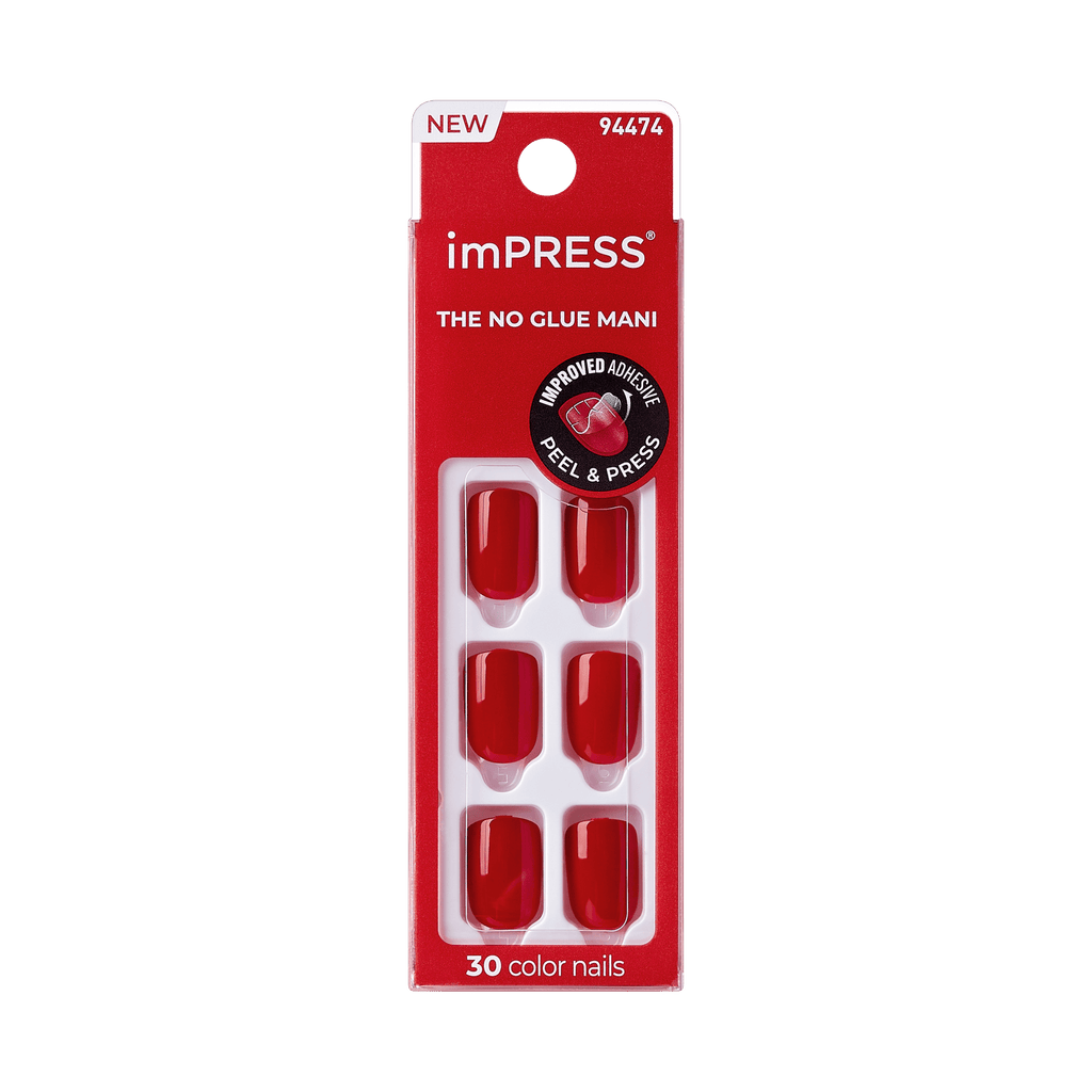 Impress Color No Glue Fake Press On Nails - Golden Harvest | Solid, Red, Short, Squoval, Manicure