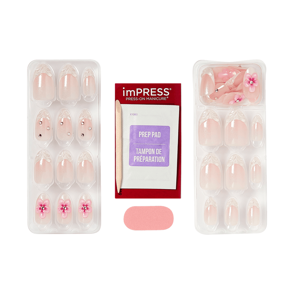 Impress Premium No Glue Fake Press On Nails - Couture-geous | 3D & Jewel French, Pink, Medium, Almond, Manicure