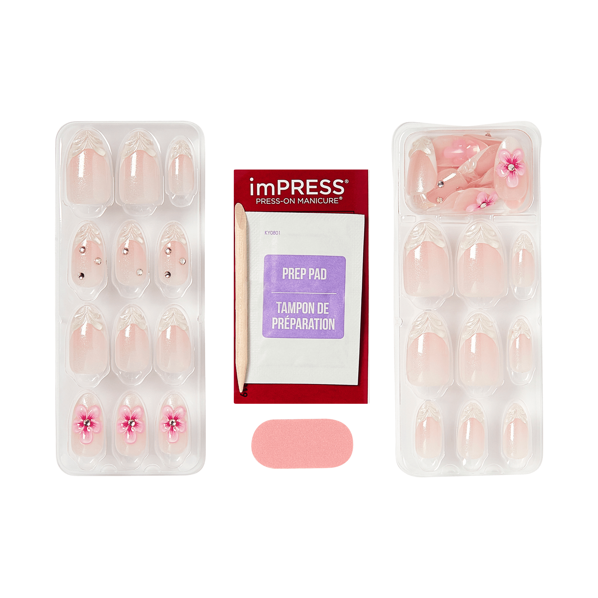 Impress Premium No Glue Fake Press On Nails - Couture-geous | 3D & Jewel French, Pink, Medium, Almond, Manicure