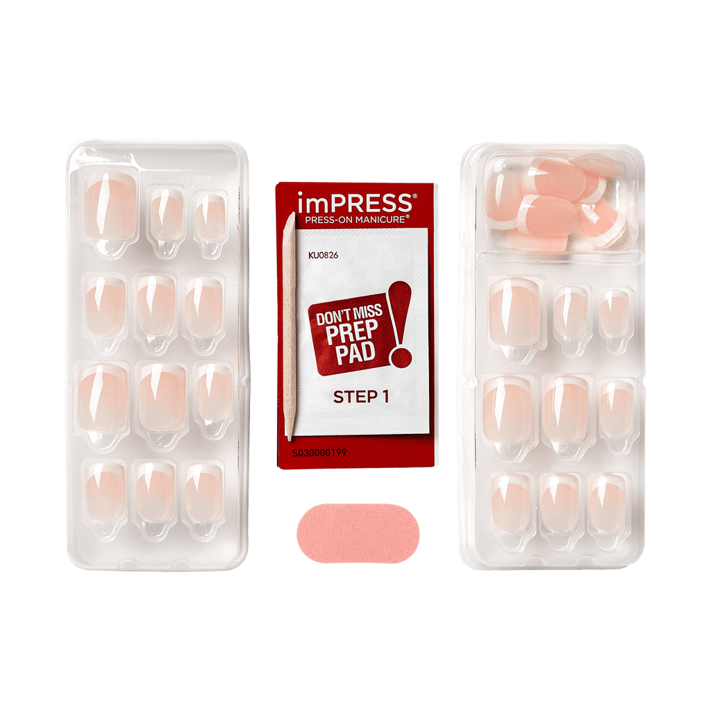 Impress Design No Glue Fake Press On Nails - Chic French | French Tips, White & Neutral, Short, Squoval, Manicure