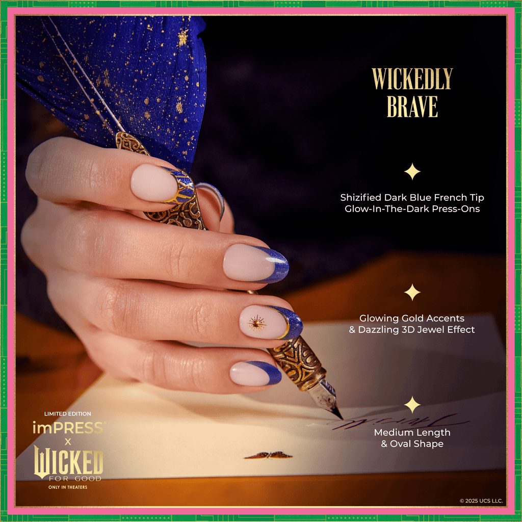 Impress X WICKED: FOR GOOD | Wickedly Brave | 3D & Jewel French Design, Blue, Medium, Oval, Manicure