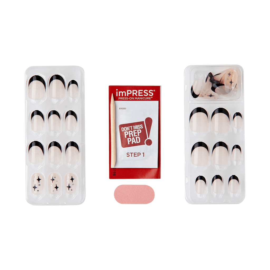 Impress Design No Glue Fake Press On Nails - Gold Ring | French Design, Black, Short, Oval, Manicure