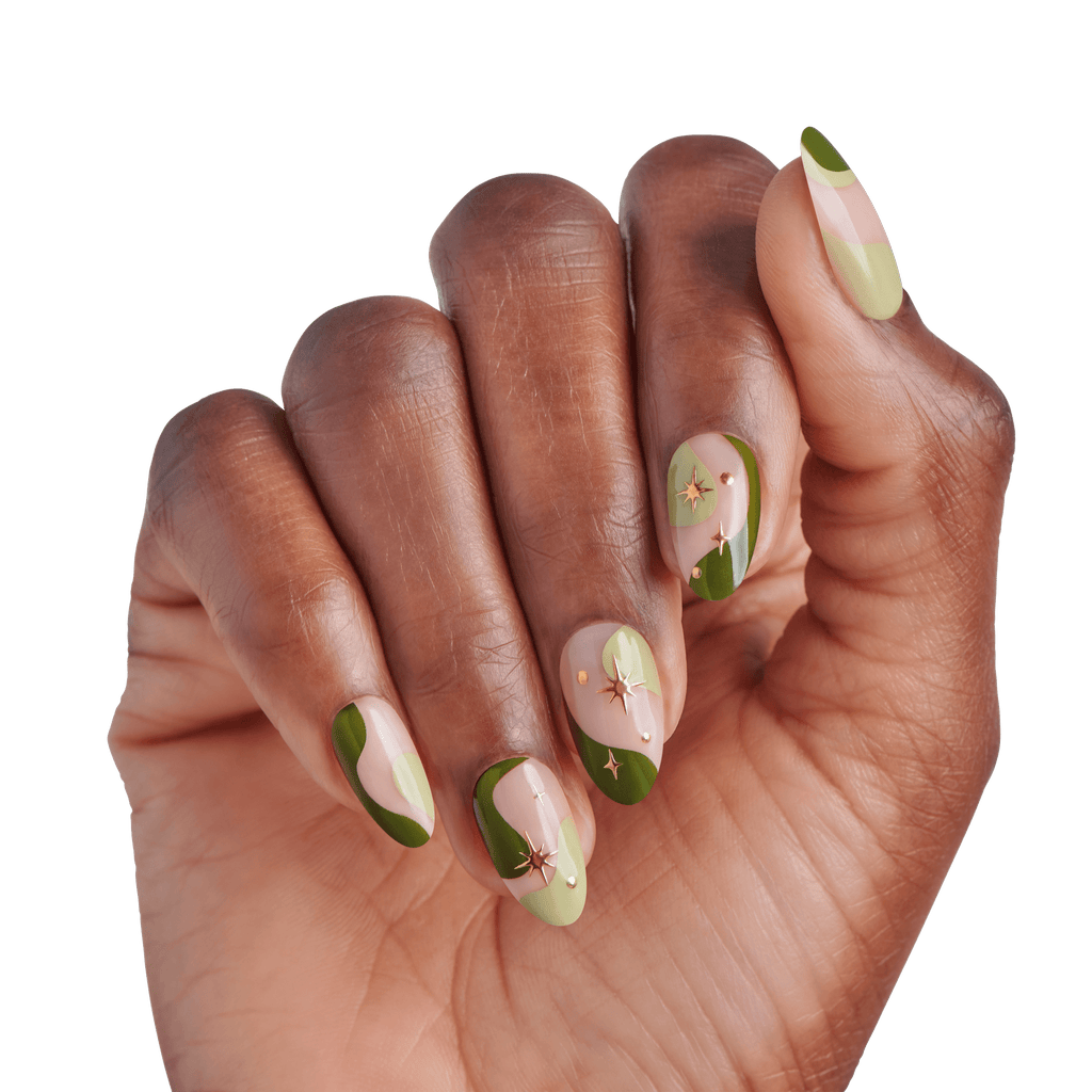 Impress Design No Glue Fake Press On Nails - Shining | 3D & Jewel Design,  Green, Medium, Almond, Manicure