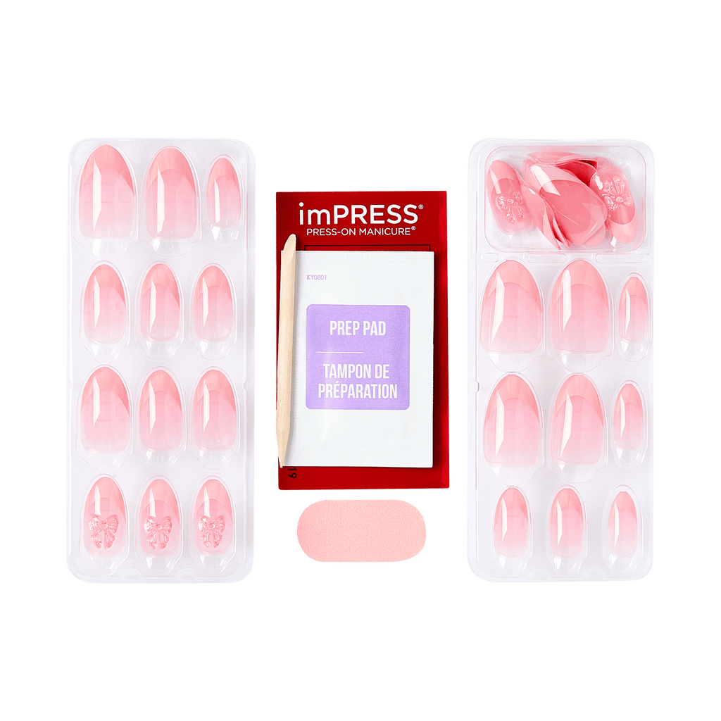 Impress Design No Glue Fake Press On Nails - Glow Muse | 3D & Jewel French Design, Pink, Medium, Coffin, Manicure