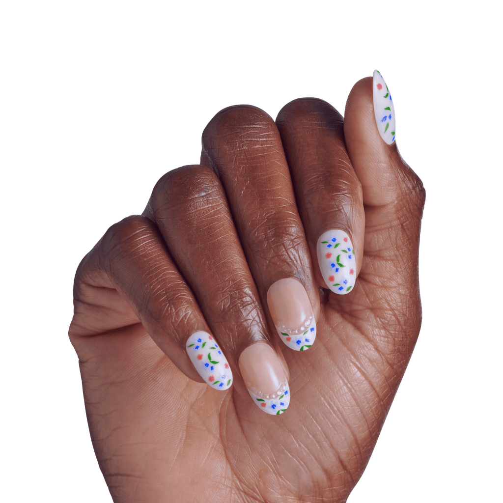 Impress Design No Glue Fake Press On Nails - Happy Mood | French Design, Multicolor, Medium, Oval, Manicure