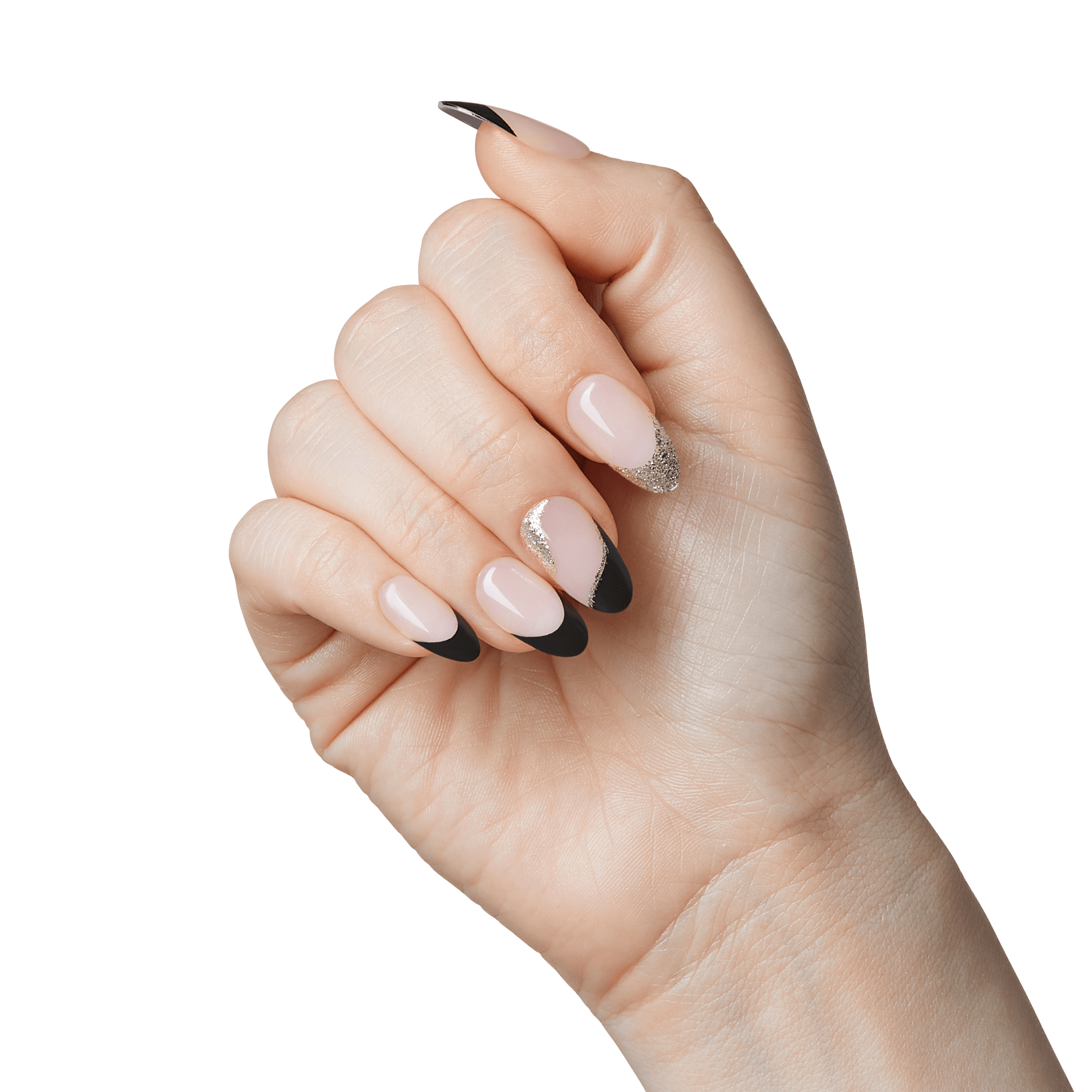 Impress French No Glue Fake Press On Nails - Illusion | French Design, Black, Medium, Almond, Manicure