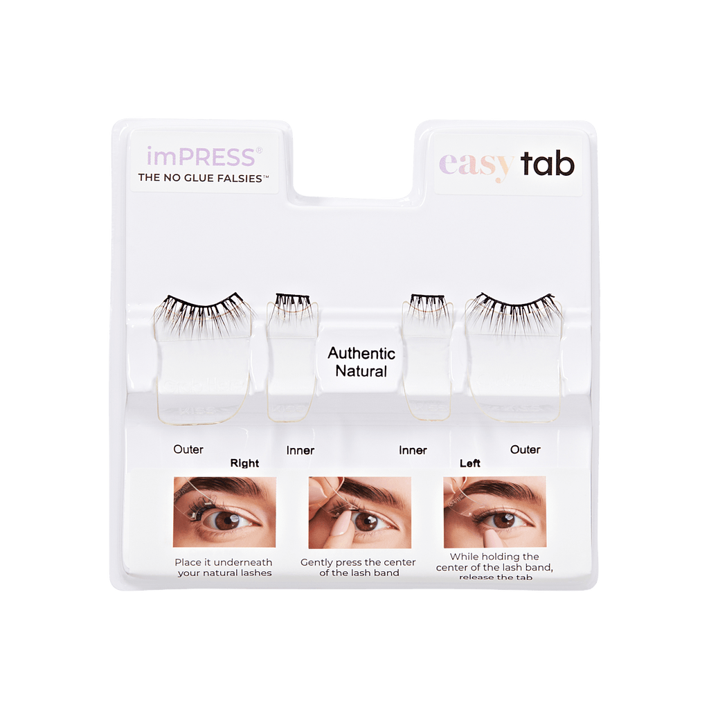 Impress Falsies easy tab Pre-Glued False Eyelashes - Authentic Natural | 1 Pair of Half Lash & 2 Lash Clusters, 5mm-9mm