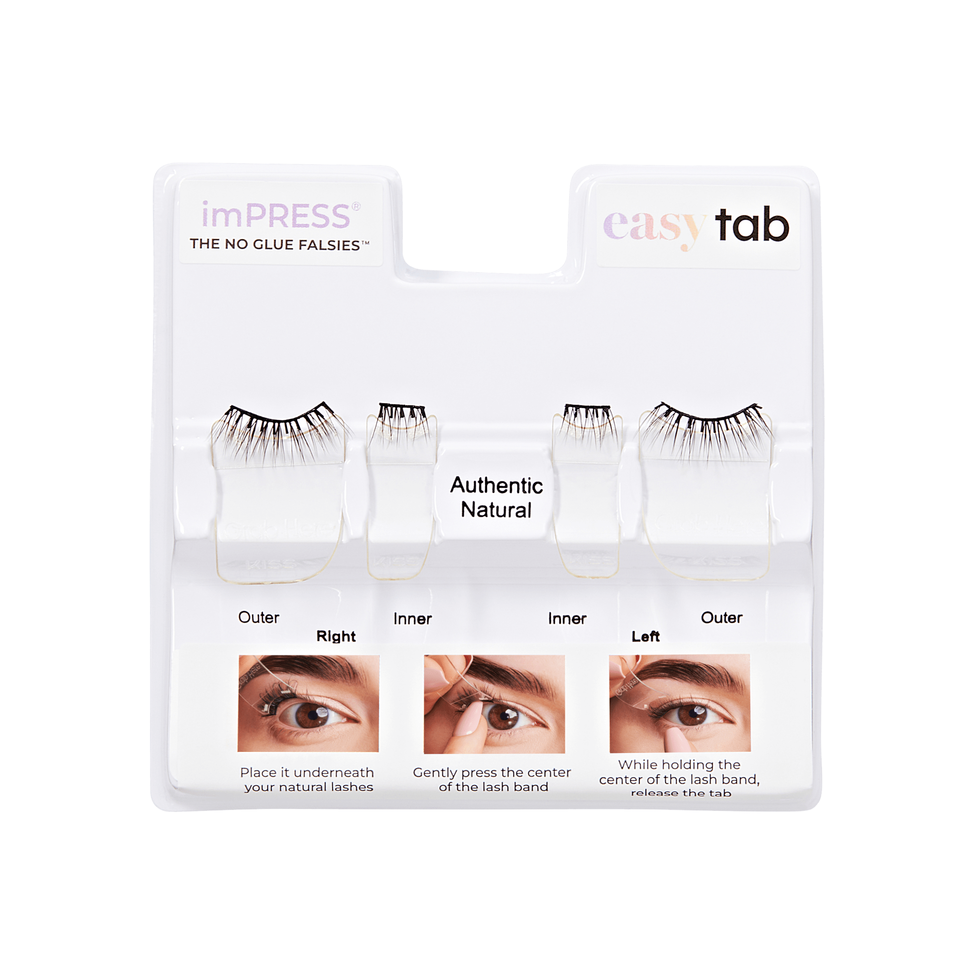 Impress Falsies easy tab Pre-Glued False Eyelashes - Authentic Natural | 1 Pair of Half Lash & 2 Lash Clusters, 5mm-9mm