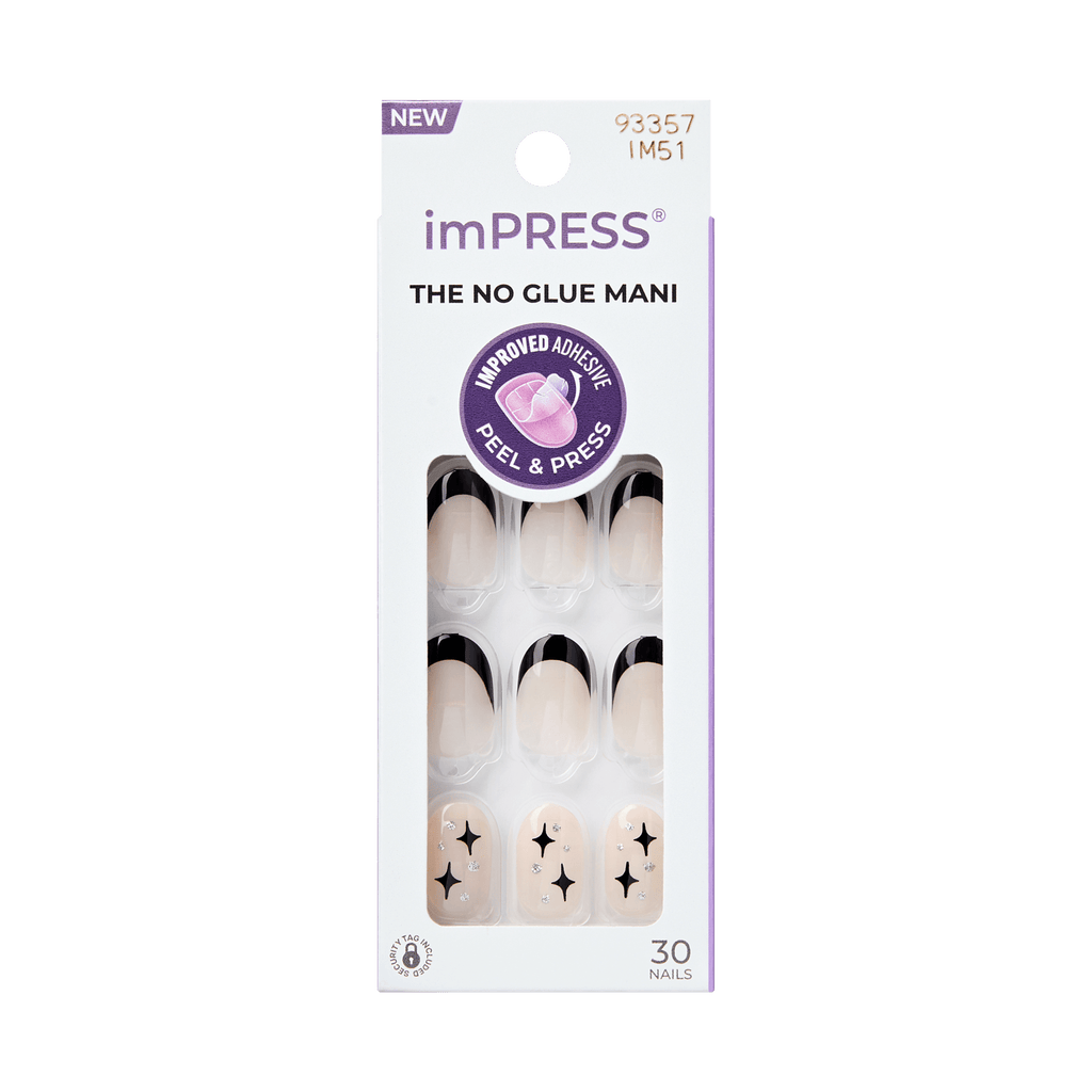 Impress Design No Glue Fake Press On Nails - Gold Ring | French Design, Black, Short, Oval, Manicure
