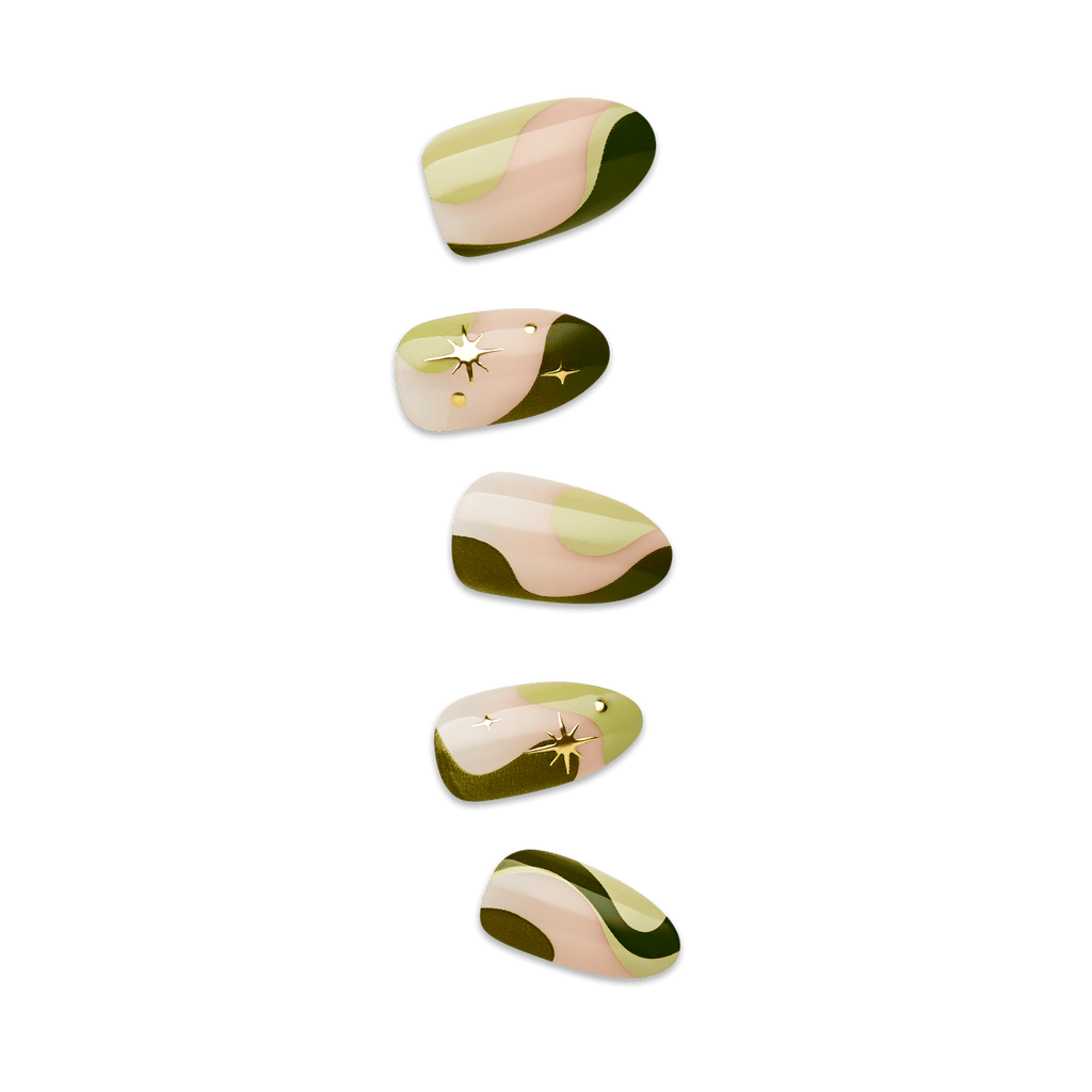 Impress Design No Glue Fake Press On Nails - Shining | 3D & Jewel Design,  Green, Medium, Almond, Manicure