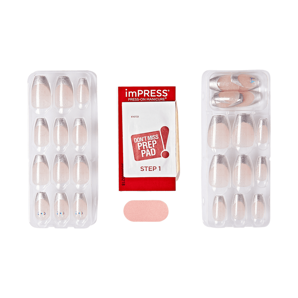 Impress Premium No Glue Fake Press On Nails - Memory Lane | French Design, Metallic Silver, Medium, Coffin, Manicure