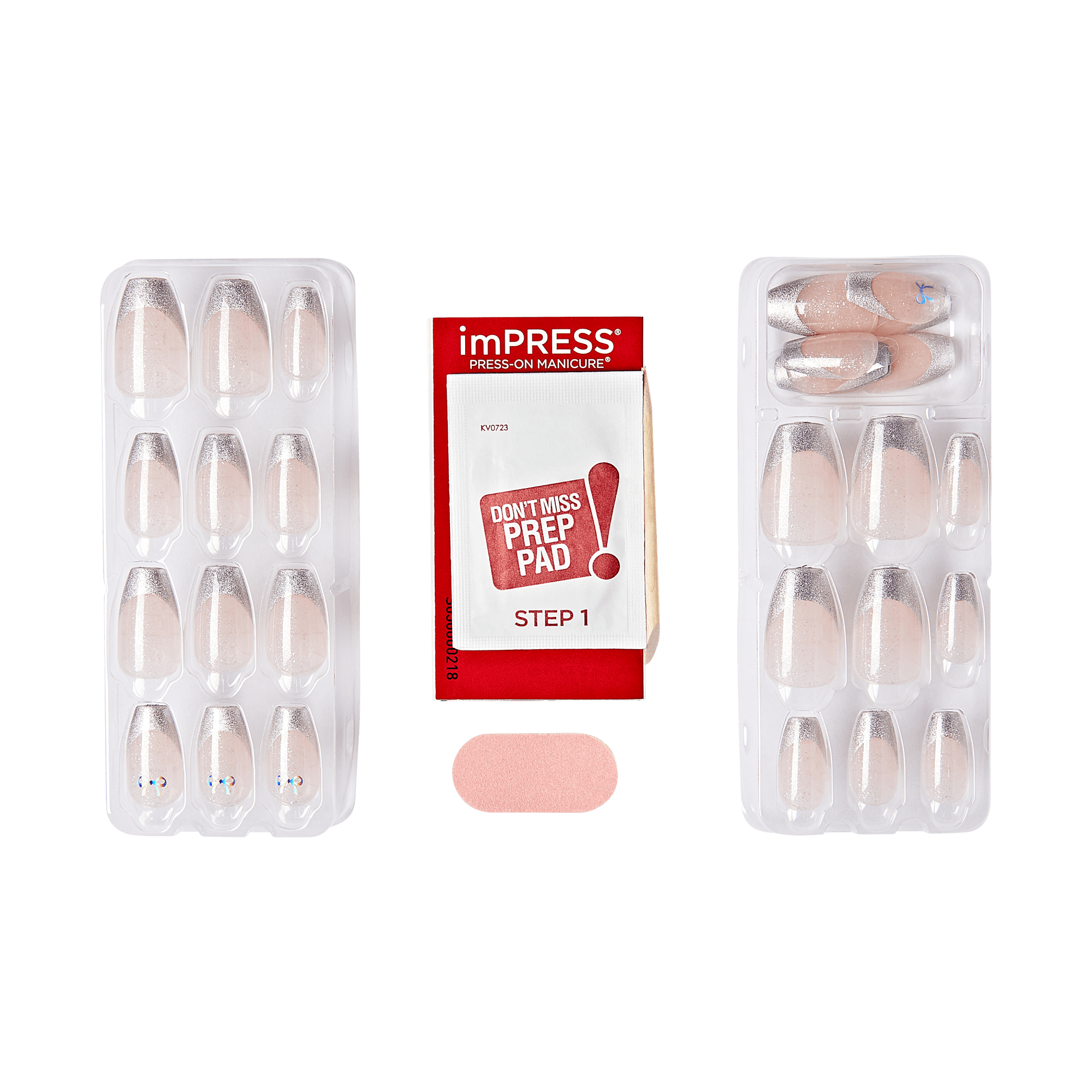 Impress Premium No Glue Fake Press On Nails - Memory Lane | French Design, Metallic Silver, Medium, Coffin, Manicure