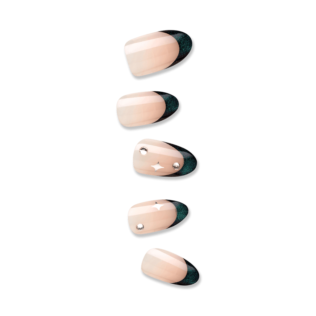 Impress Premium No Glue Fake Press On Nails - Visions | 3D & Jewel French, Metallic Green, Medium, Almond, Manicure