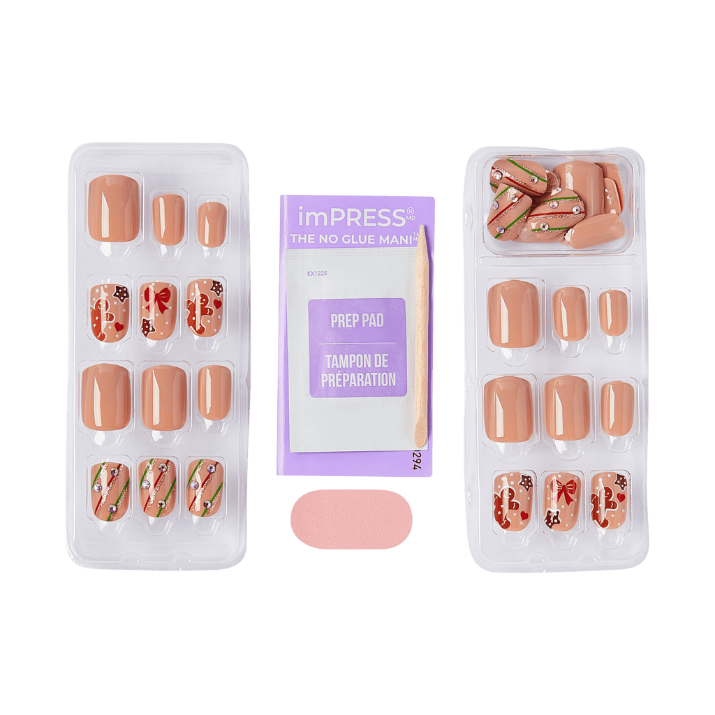 Impress Holiday Design No Glue Fake Press On Nails - Mistletoe Kiss | Design, Brown, Short, Squoval, Manicure