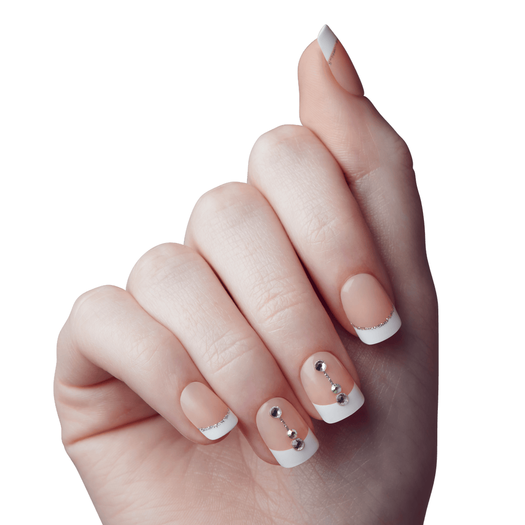 Impress Design No Glue Fake Press On Nails - Falling | 3D & Jewel French, White, Short, Squoval, Manicure
