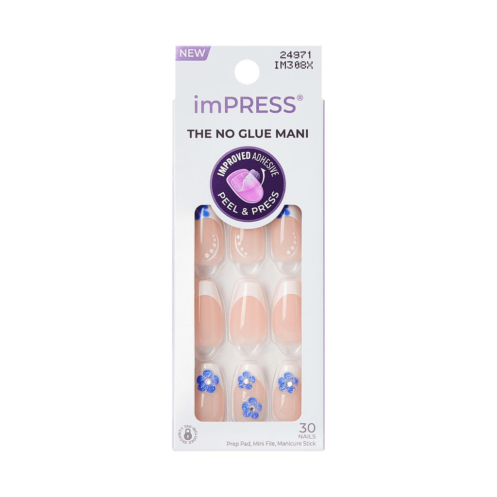 Impress Design No Glue Fake Press On Nails - Pure Ray | 3D & Jewel French Design, Blue & White, Medium, Coffin, Manicure
