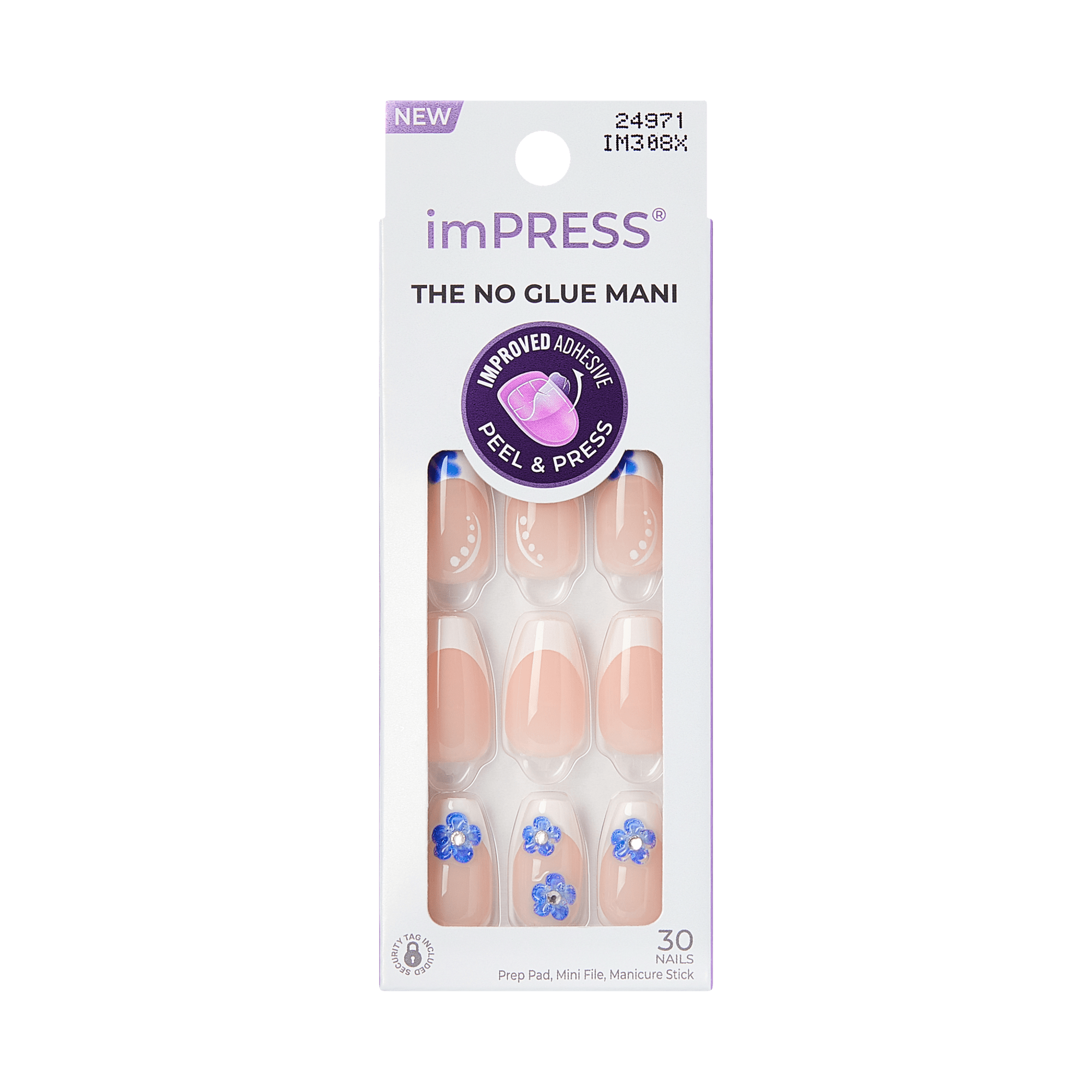Impress Design No Glue Fake Press On Nails - Pure Ray | 3D & Jewel French Design, Blue & White, Medium, Coffin, Manicure