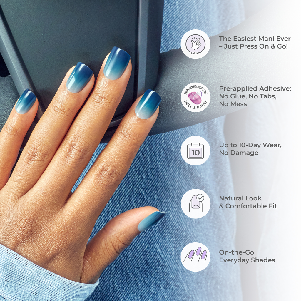 Impress Color No Glue Fake Press On Nails - Velvet Breeze | Design, Blue, Short, Squoval, Manicure