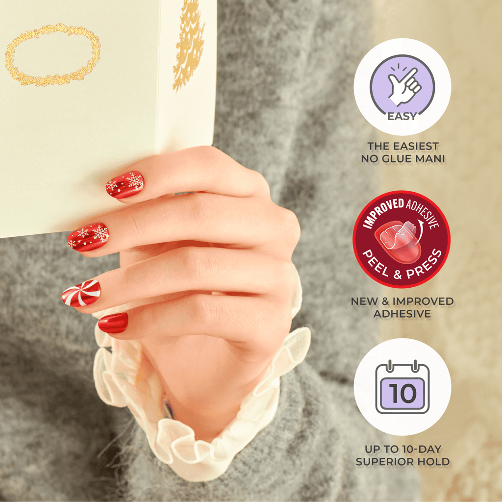 Impress Holiday Design No Glue Fake Press On Nails - Mistletoe Kiss | Design, Brown, Short, Squoval, Manicure