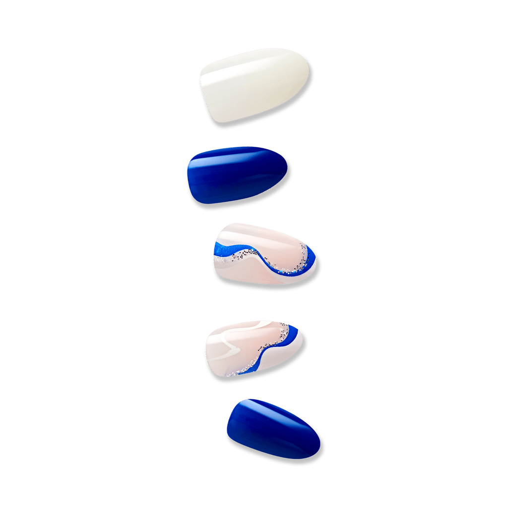 Impress Design No Glue Fake Press On Nails - Free Soul | Design, Blue & White, Medium, Almond, Manicure