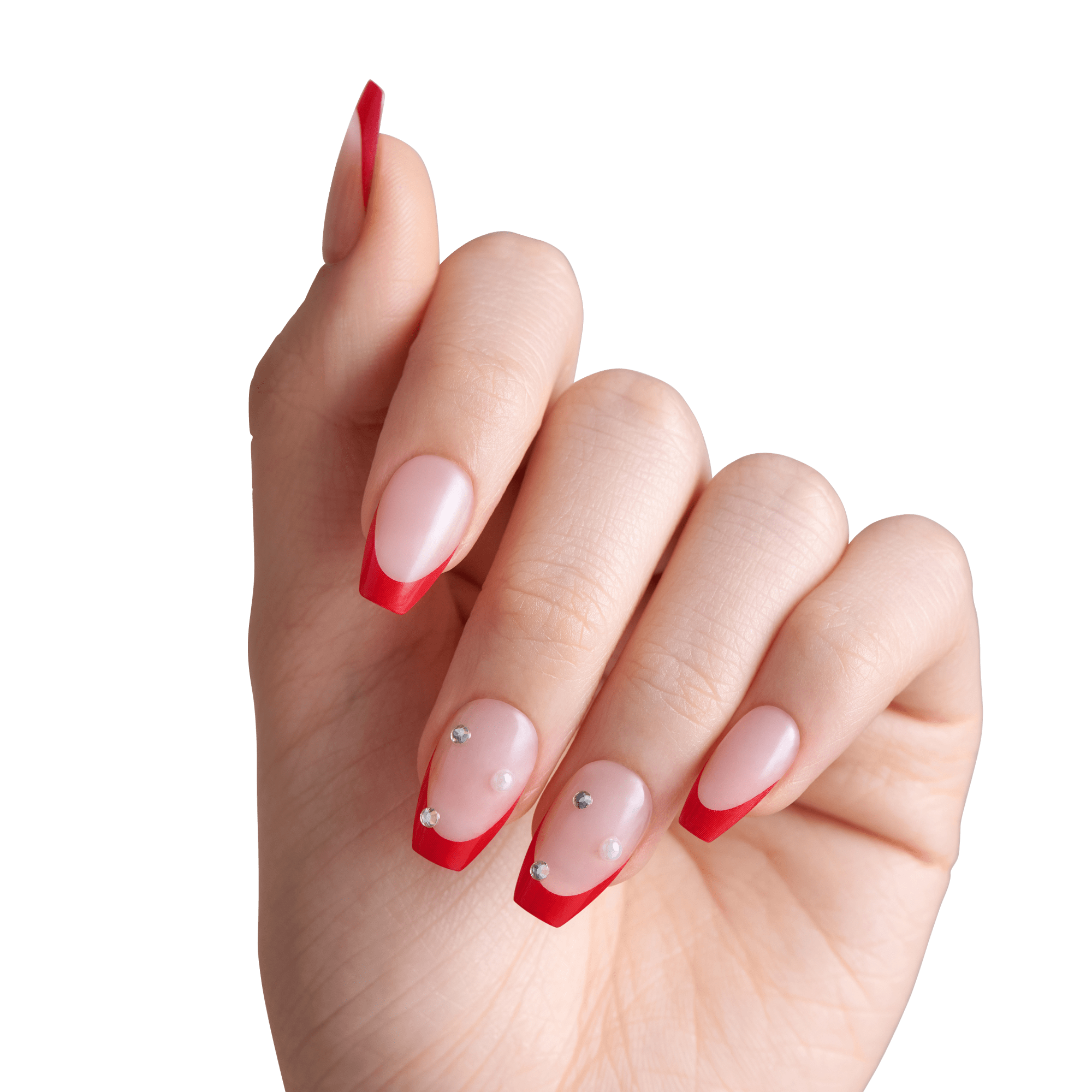 Impress Design No Glue Fake Press On Nails - Happy World | 3D & Jewel French, Red, Medium, Coffin, Manicure