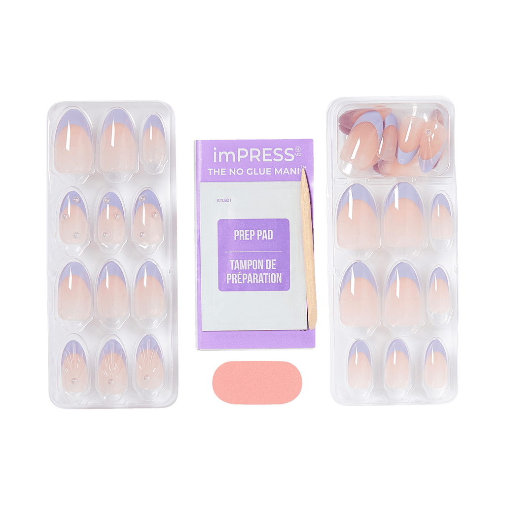 Impress Design No Glue Fake Press On Nails - Sky Breeze | 3D & Jewel French, Purple, Medium, Almond, Manicure