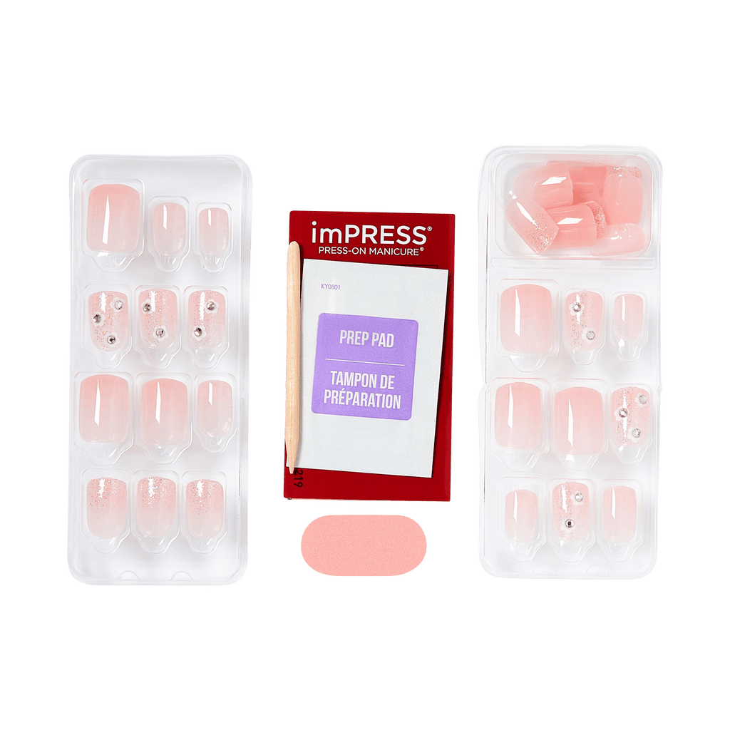 Impress Design No Glue Fake Press On Nails - The Beginning | 3D & Jewel Design,  Pink, Short, Squoval, Manicure