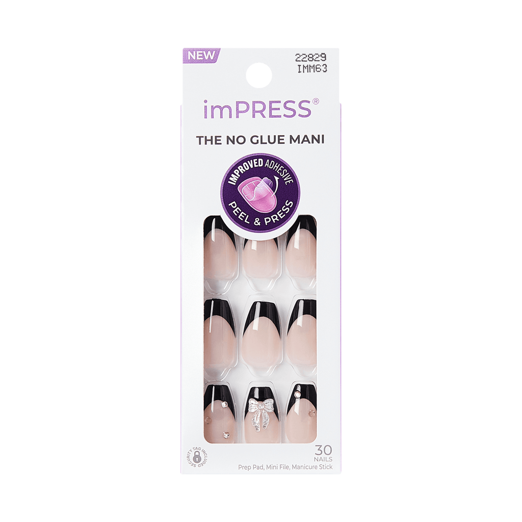 Impress Design No Glue Fake Press On Nails - By The River | 3D & Jewel French, Black, Medium, Coffin, Manicure