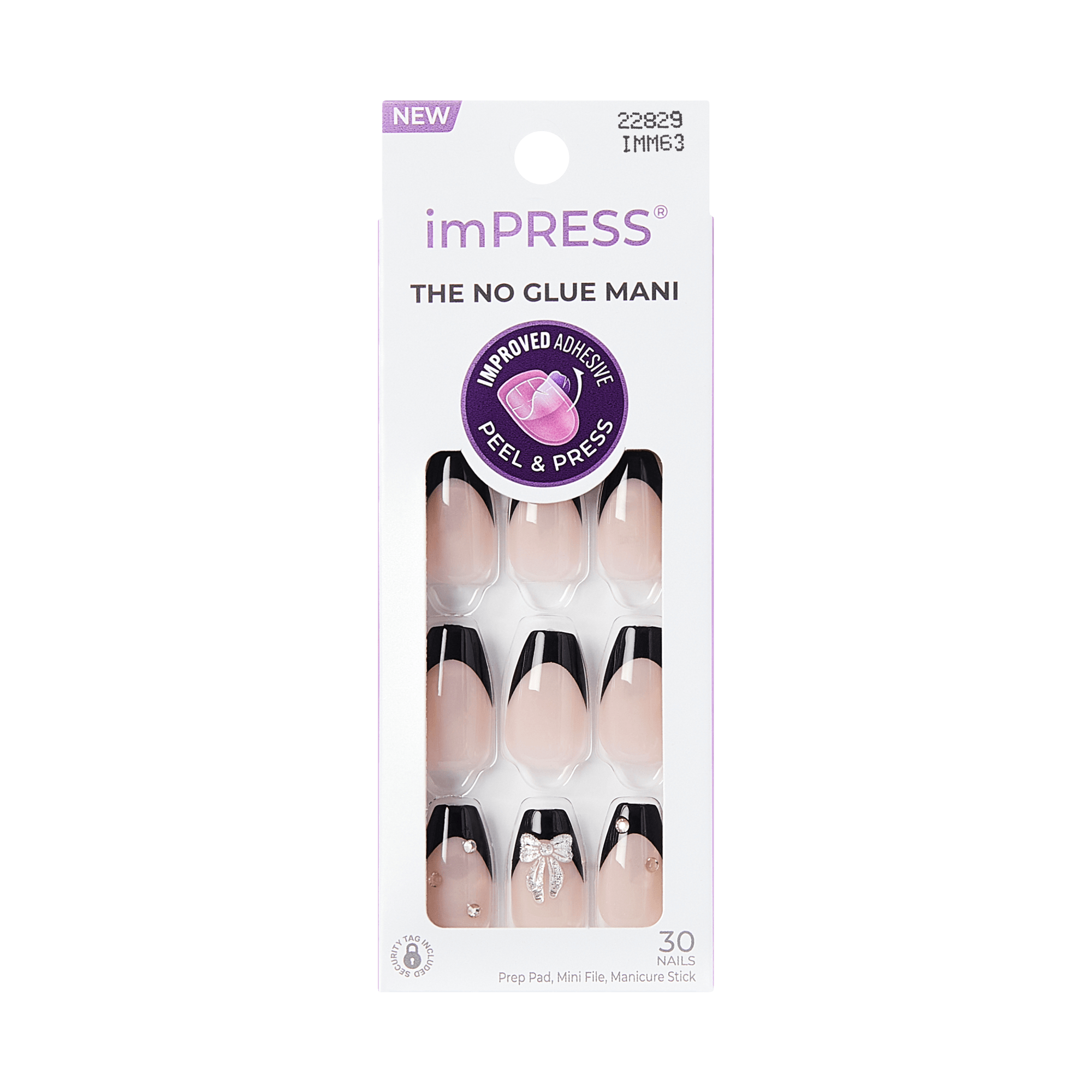 Impress Design No Glue Fake Press On Nails - By The River | 3D & Jewel French, Black, Medium, Coffin, Manicure